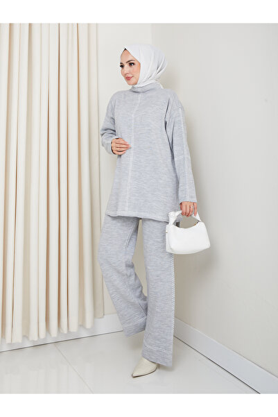 MY QILAM Women's Hijab Set Patterned Half Turtleneck Knitwear Bottom and Top Set Gray