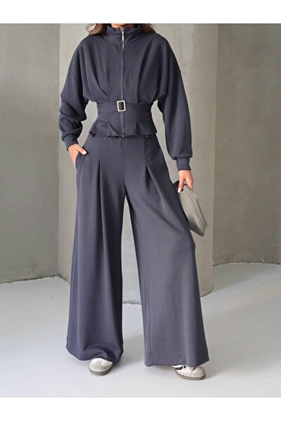 Miss Beyoğlu سترة نسائية من قماش المودال للموسم الجديد مع حزام وبنطلون فضفاض ...