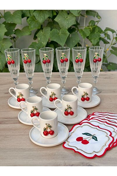 Hediye Köşkü Kirazlı Lüks Porselen 24 parça 6 Kişilik Kahve Sunum Seti