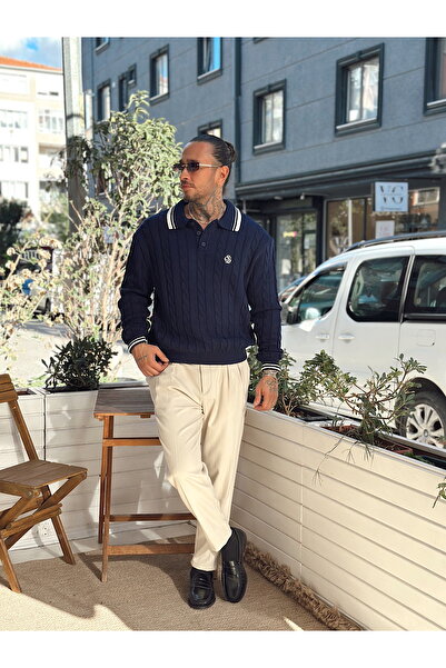 manch collection Saç Örgü Şerit Detaylı Örme Polo Yaka Sweatshirt Lacivert