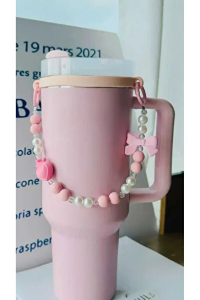 Stanley Quencher Compatible Beaded, Pink Ribbon, Heart Shaped Water Bottle Carrier, Fits 20-40oz Thermoses