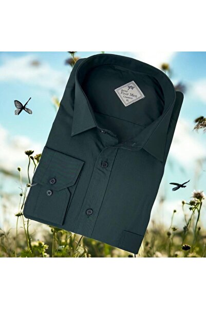 EREN STYLE Linen Classic 100% Cotton Long Sleeve Anti-Sweat Dark Green Shirt (Regular Fit)