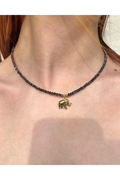 eyla collection Fidara - Obsidian Stone & Elephant Detailed Steel Necklace
