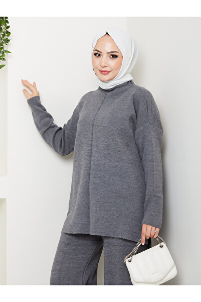 MY QILAM Women's Hijab Set Half Turtleneck Sweater Pants Bottom Top Knitwear Set Anthracite