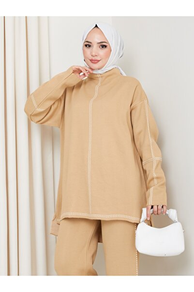 MY QILAM Women's Hijab Set Patterned Half Turtleneck Knitwear Bottom and Top Set Beige/Camel