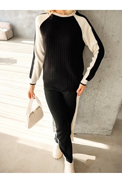 EsSo butik Women's Crew Neck Color Block Knitwear Set