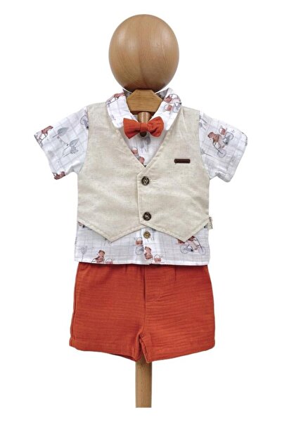Dumledo Muslin Patterned White Shirt, Cream Vest, Orange Bow Tie and Shorts 4...