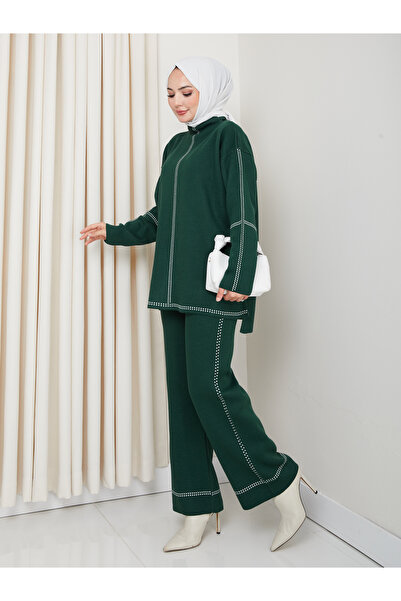 MY QILAM Women's Hijab Set Patterned Half Turtleneck Knitwear Bottom and Top Set Green