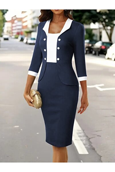 Modayakamoz Women's three-quarter sleeve two-tone button-down short imported crepe dress
