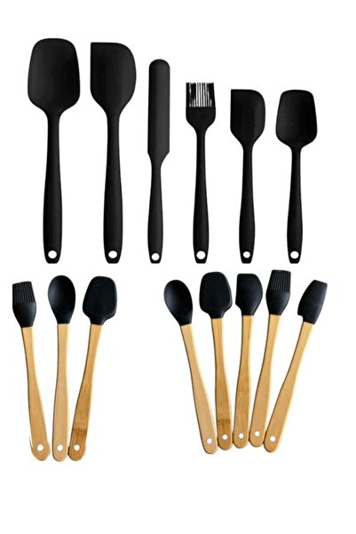 mucit home Black 14 Piece Silicone and Bamboo Handle Silicone Tip Spatula Brush Spoon Set