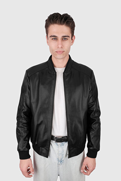 Şahan Deri Denizli Erkek Siyah Trikolu Hakiki Deri Mont