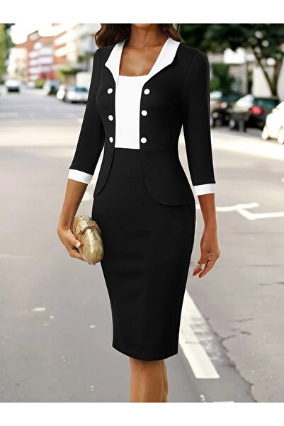 Gökyüzü Moda Women's three-quarter sleeve two-tone button-down short imported crepe dress