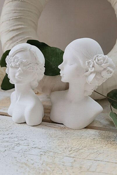 Beyaz Atölye Dekoratif Büst Biblo Çicek Detaylı Kadın Figürü