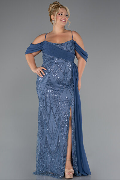 Abiyefon İndigo Bacak Dekolteli Uzun Boncuklu Büyük Beden Abiye ABU5319