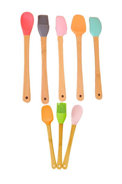 mucit home Colorful 8-Piece Bamboo Handle Silicone Tip Spatula Brush Spoon Set