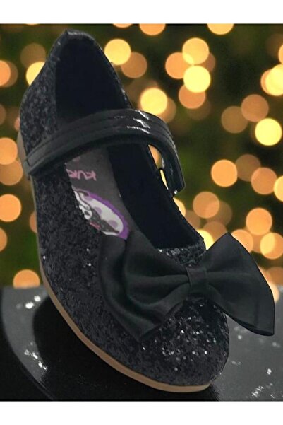 MARKABONİ Kız Çocuk Kuromili Parlak Siyah Pullu Fiyonklu Babet Ayakkabı