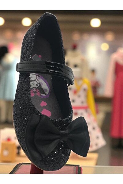 MARKABONİ Kız Çocuk Kuromili Parlak Siyah Pullu Fiyonklu Babet Ayakkabı