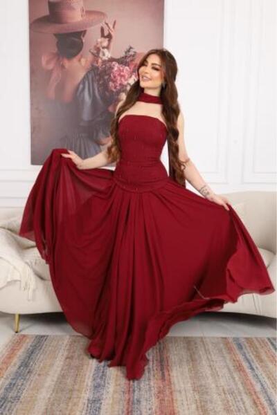 FAYD AL-JAWRI Long evening dress in burgundy with a chiffon skirt