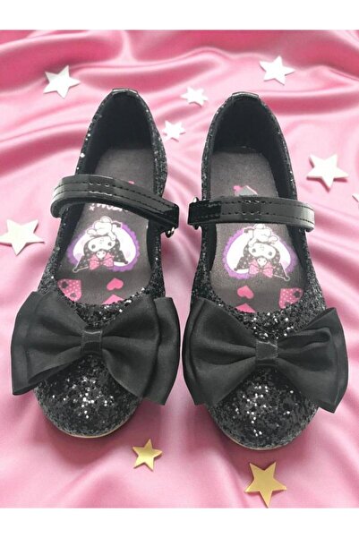 MARKABONİ Kız Çocuk Kuromili Parlak Siyah Pullu Fiyonklu Babet Ayakkabı