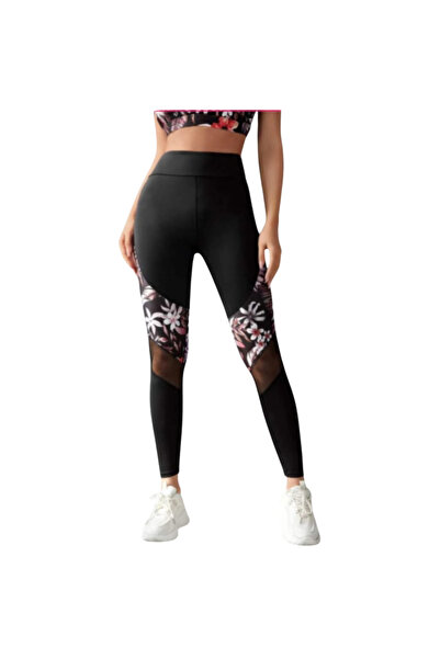 Fstyle High waisted floral mesh leggings, tight sportswear, compression leggings