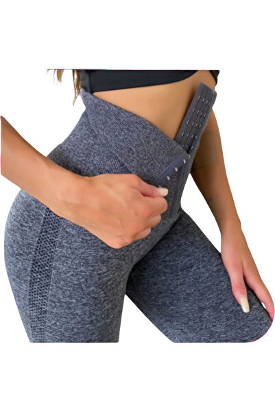 Fstyle Grey leggings with hook and eye control at the front. Sweat-wicking fabric leggings with a 3-buckle design at the front, easy and high-waisted.