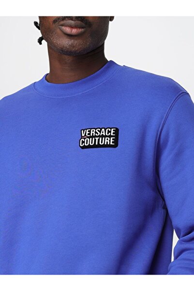 Versace Erkek Rahat Kalıp Logo Etiketli Yuvarlak Yaka %100 Pamuklu Uzun Kollu Mavi Sweatshirt 79GAIP02CF01P-