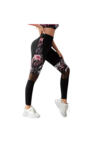 Fstyle High waisted floral mesh leggings, tight sportswear, compression leggings