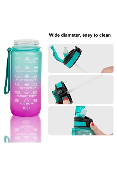 HALAMODO Large Water Bottle,1L Sports Water Bottle with Time Marker and Straw, Leakproof Water Bottle