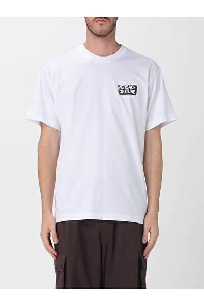 Versace Men's Regular Fit Round Neck Logo Pattern Short Sleeve White T-Shirt 79Gahp10Cj01P-003