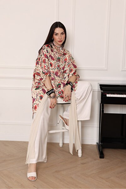 MEEMSEEN INDEPENDENT Floral Fest Ivory Silk Poncho Tunic