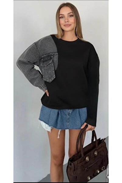 CCTWEAR Denim Pocket Detailed Crew Neck Sweatshirt