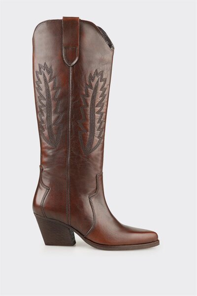 Elle Shoes Kahve Deri Kadın Western Çizme