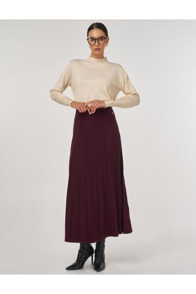 Kayra Knitwear Skirt with Stitch Detail Burgundy