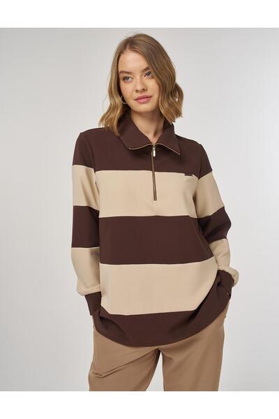 Kayra Renk Bloklu Geniş Yaka Sweatshirt Koyu Kahve