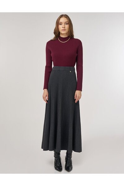Kayra Yüksek Bel Triko Etek Gri