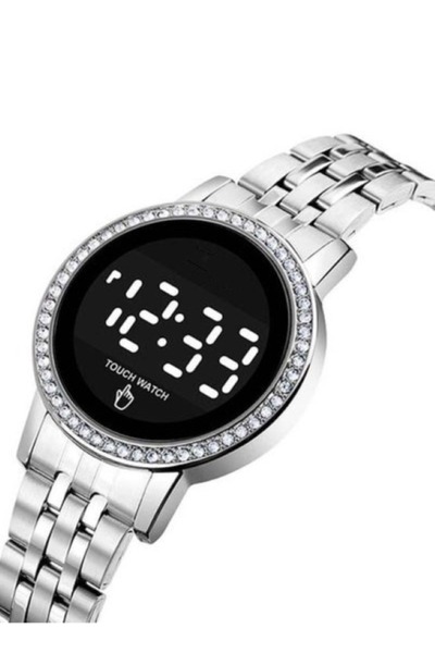 HALAMODO Women's 1669 Diamond Display Touch Screen Stainless Steel Digital Watch