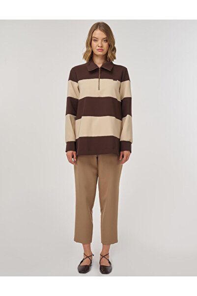 Kayra Renk Bloklu Geniş Yaka Sweatshirt Koyu Kahve