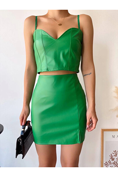 Işıltı kidss Single Slit Back Zipper Leather Skirt Green S24475