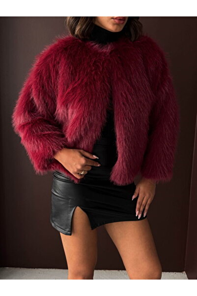 Caddebostan Moda Burgundy Women's Faux Fur Jacket Modern Premium Luxury Trend Design Coat