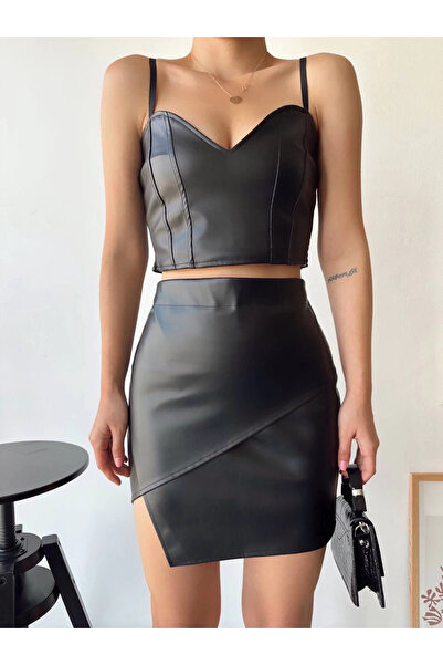 Işıltı kidss Flap-closure asymmetrical leather skirt, black, s240106.