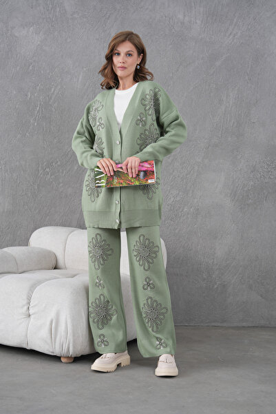 Miss Allos Women's Beaded Wide-Fit Knitwear Cardigan and Pants Bottom-Top Set