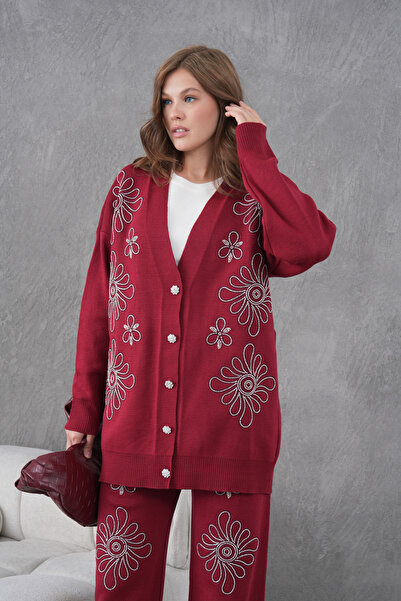 Miss Allos Women's Beaded Wide-Fit Knitwear Cardigan and Pants Bottom-Top Set