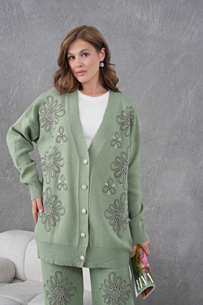 Miss Allos Women's Beaded Wide-Fit Knitwear Cardigan and Pants Bottom-Top Set