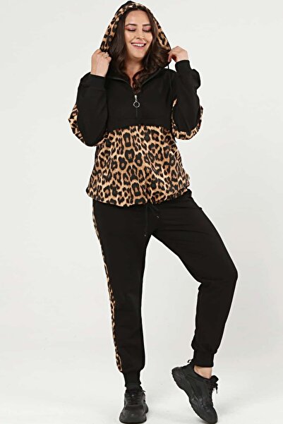 tarzımsüper Γυναικεία αθλητική φόρμα με κουκούλα με ελαστικό πόδι και τσέπες σε μεγάλο μέγεθος Leopard