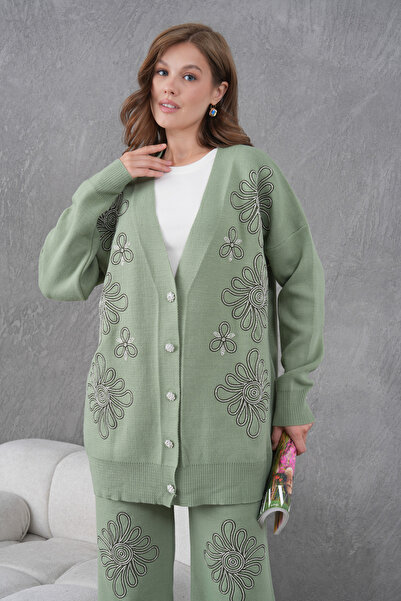 Miss Allos Women's Beaded Wide-Fit Knitwear Cardigan and Pants Bottom-Top Set