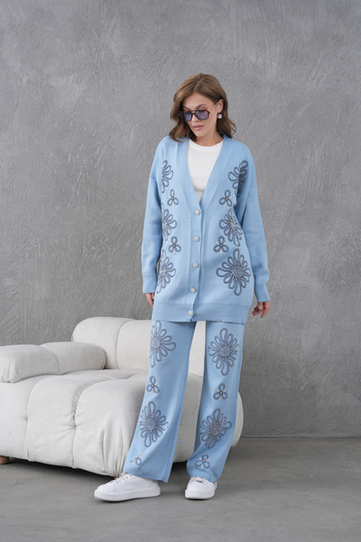 Miss Allos Women's Beaded Wide-Fit Knitwear Cardigan and Pants Bottom-Top Set
