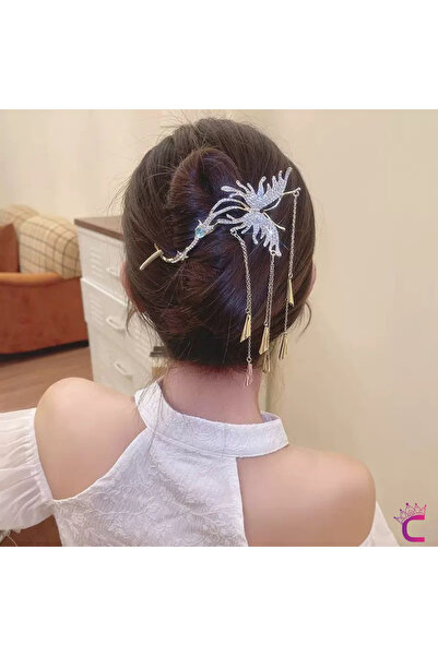 Cinderella Vintage Sallantılı Mavi Taşlı Kıstırmalı Metal Topuz Tokası Gold 1...