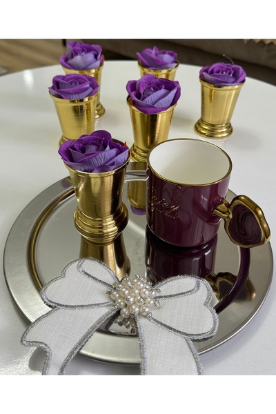 Elzemm store Decorative Gold Plated Rose Bowl Includes 6 Purple Roses