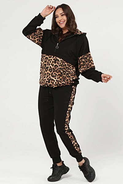 tarzımsüper Γυναικεία αθλητική φόρμα με κουκούλα με ελαστικό πόδι και τσέπες σε μεγάλο μέγεθος Leopard