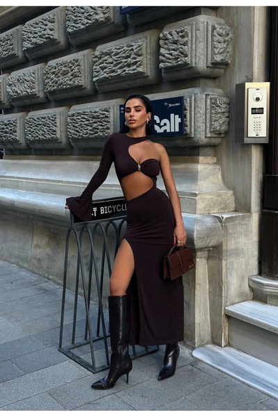 Bak Moda Long Brown Dress with One Sleeve Slit Detail